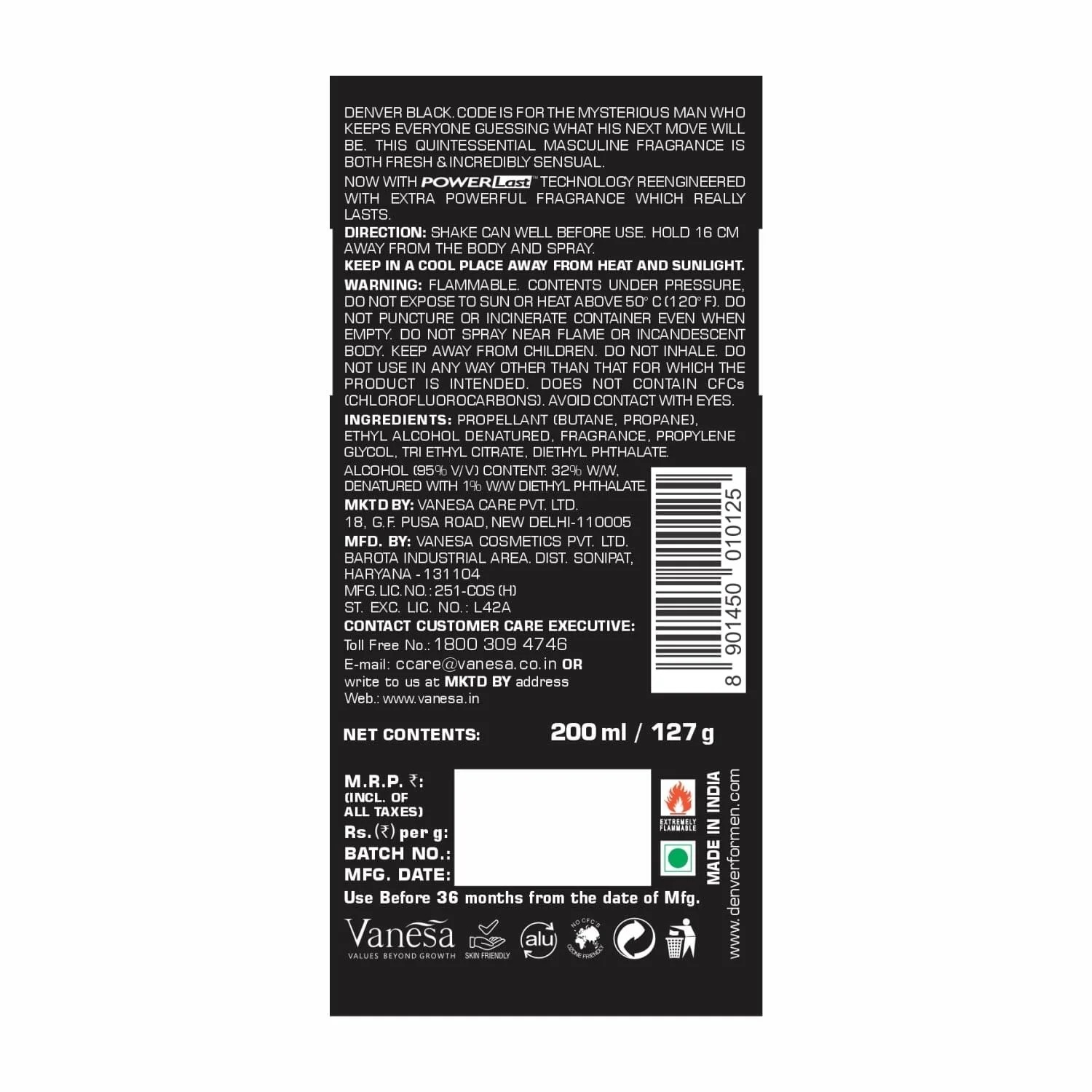 DENVER - Black Code Deodorant Body Spray | Long Lasting Deodorant for Men - 165ML. 