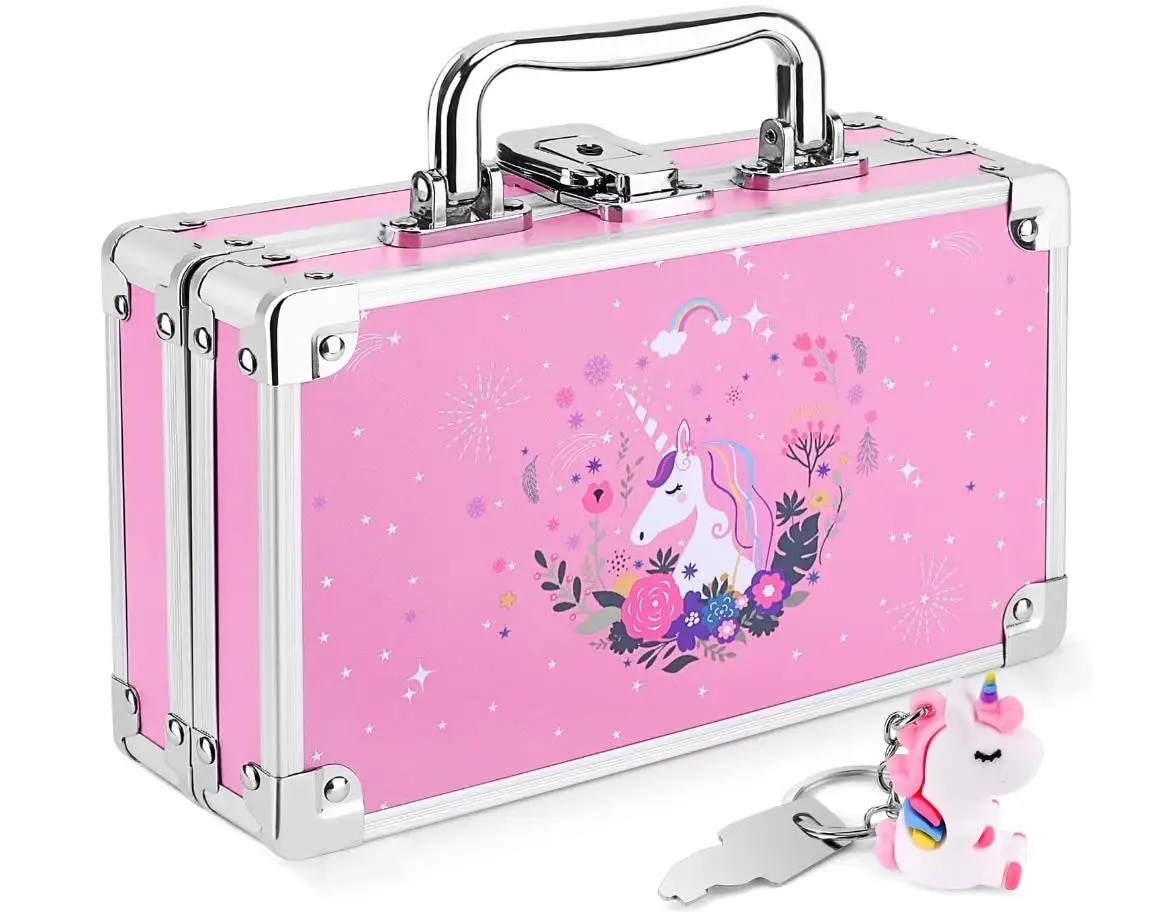 Unicorn Pencil Box for Girls Kids, Lock Box for School with Portable Handle and Uncorn Keychain, Pink Pencil Box, Cute Unicorn S. 