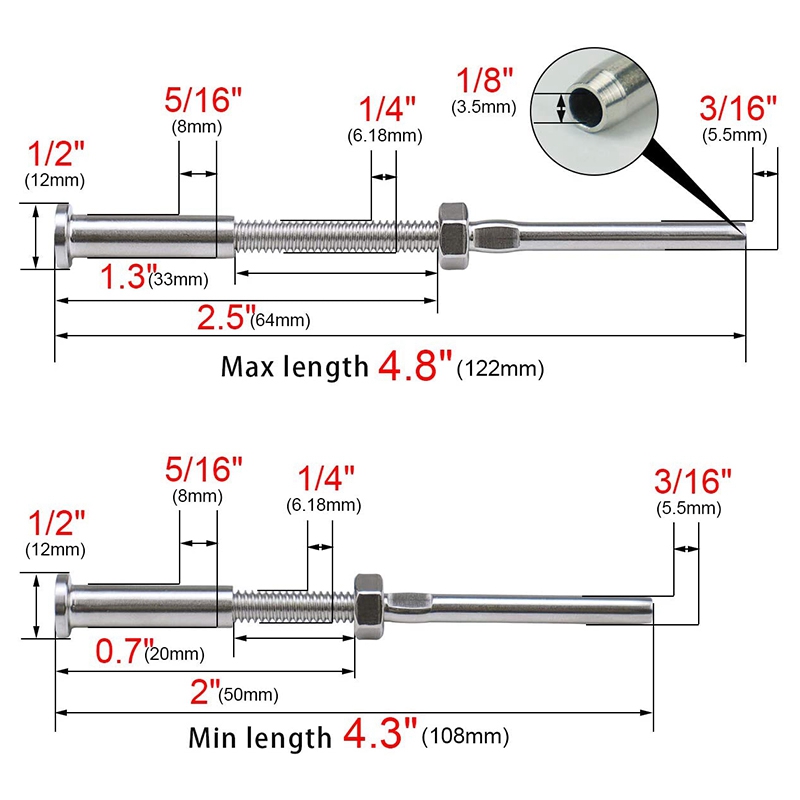 20Pcs Invisible Turnbuckle Hand Swage Threaded Stud Tension Hex Head End Fitting Receiver Terminal for 1/8 inch Cable Railing. 
