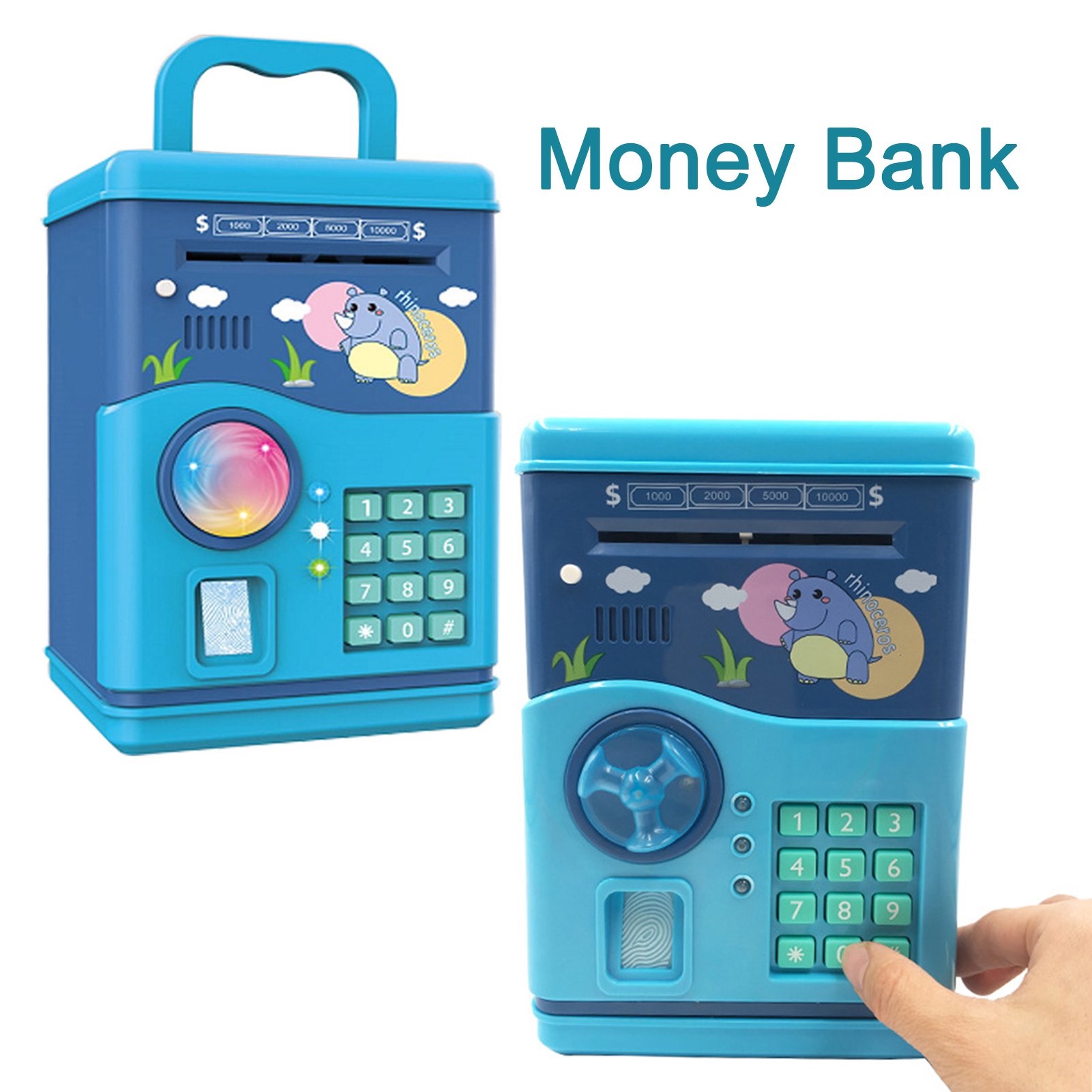 Light music fingerprint unlock automatic roll money piggy bank, Kids Money Bank Password Code Lock Fingerprint Birthday Auto Scroll Money Electronic ATM Toy for Kids