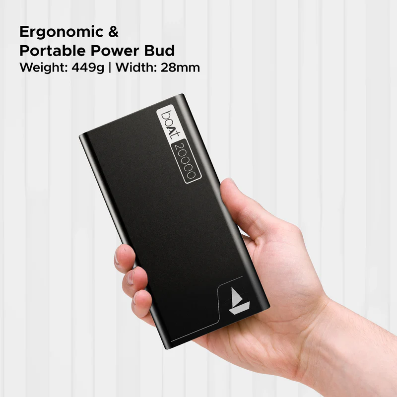 boAt Powerbank 20000mAh EnergyShroom PB400 with 22.5W QC and PD fast charging, 12-layer IC protection, dual USB, and Type-C output.. 