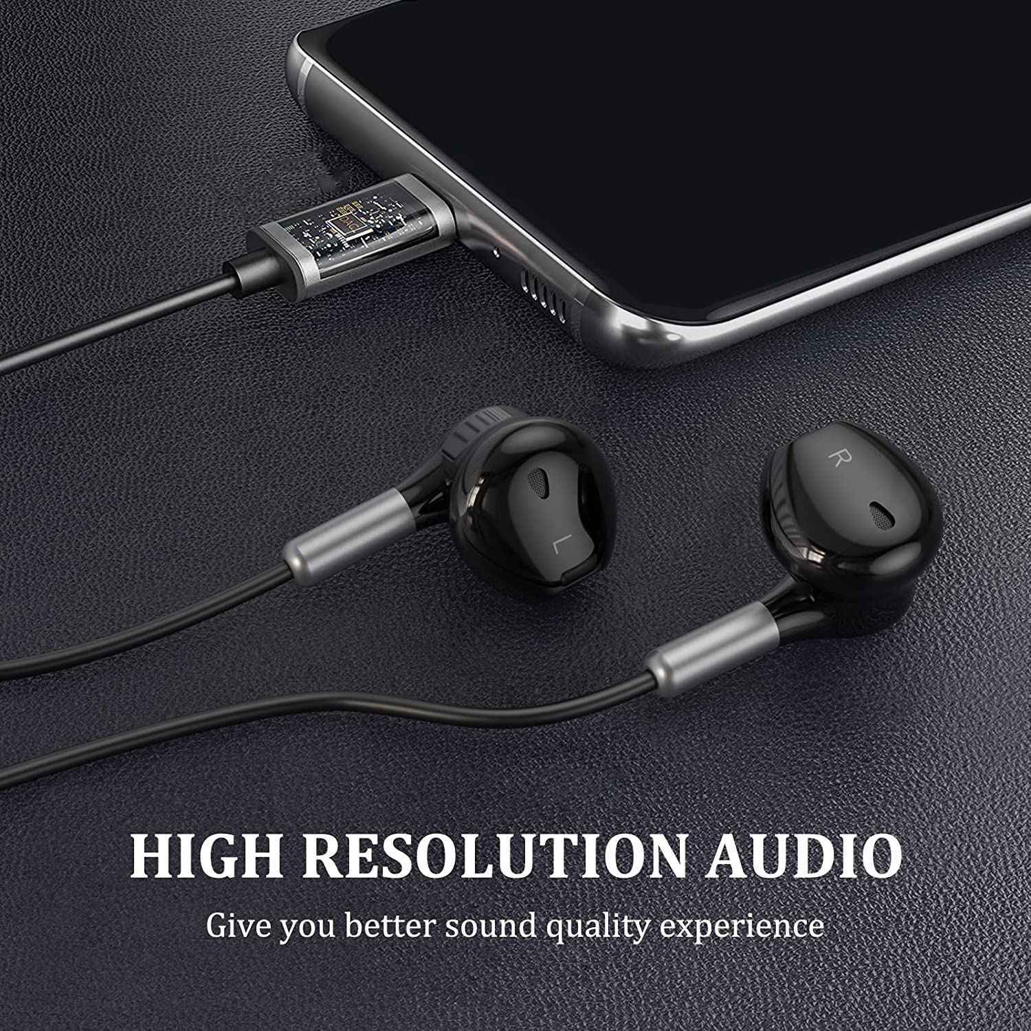 Type C Headphones with Microphone and Volume Control for Samsung S22 S21 S20 FE A53. 