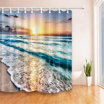 Photo Ocean Nautical Coastal Beach Sunset Bathroom Fabric Shower