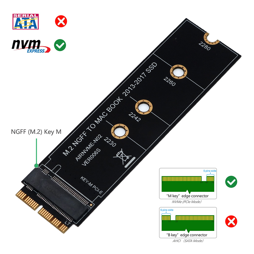 M.2 NVME SSD Convert Adapter Card for Upgrade MacBook Air 2013-2017 NVME/AHCI SSD 2230 2242 2260 2280