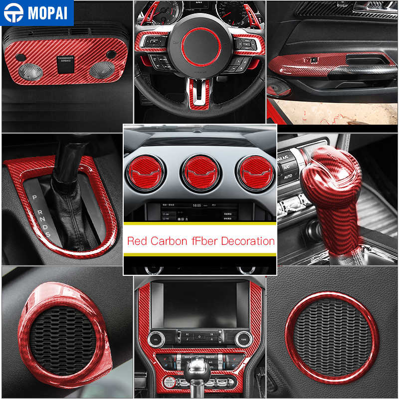 Red Carbon Fiber Car Interior Decoration Cover Stickers Accessories for Ford Mustang 2015 2016 2017 2018 2019 2020 2021 2022. 