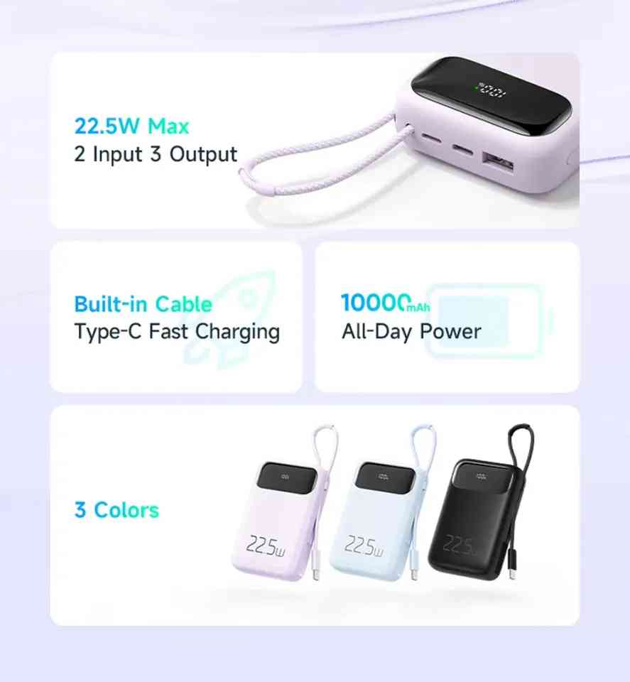Mcdodo MC-324 22.5W 10000mAh Power Bank With Built-in Type-C Cable. 