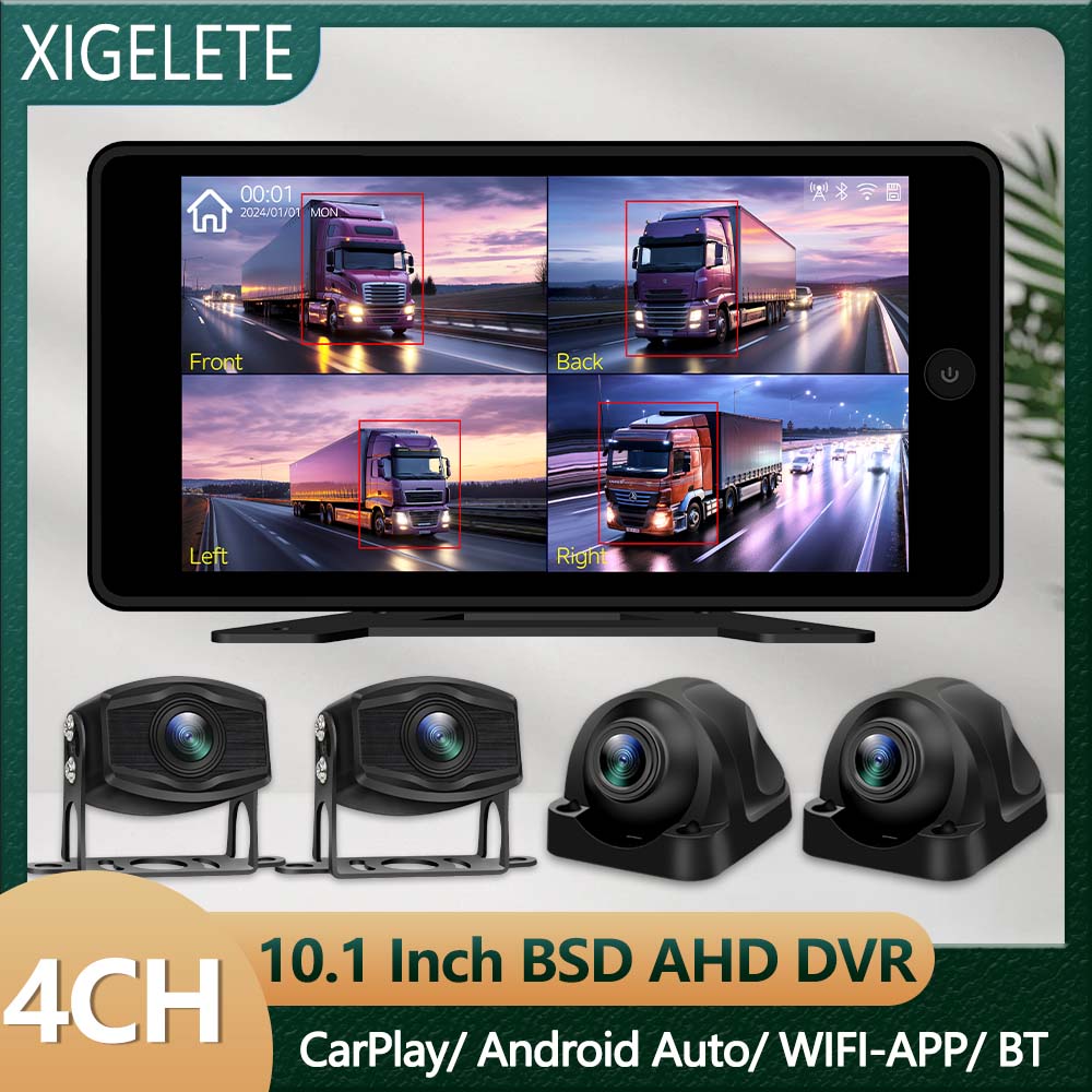 4CH 10.1 Inch CarPlay Android Auto Vehicle DVR System 1080P Camera BSD Alarm Wifi App Control Parking Monitor For Truck Bus RV