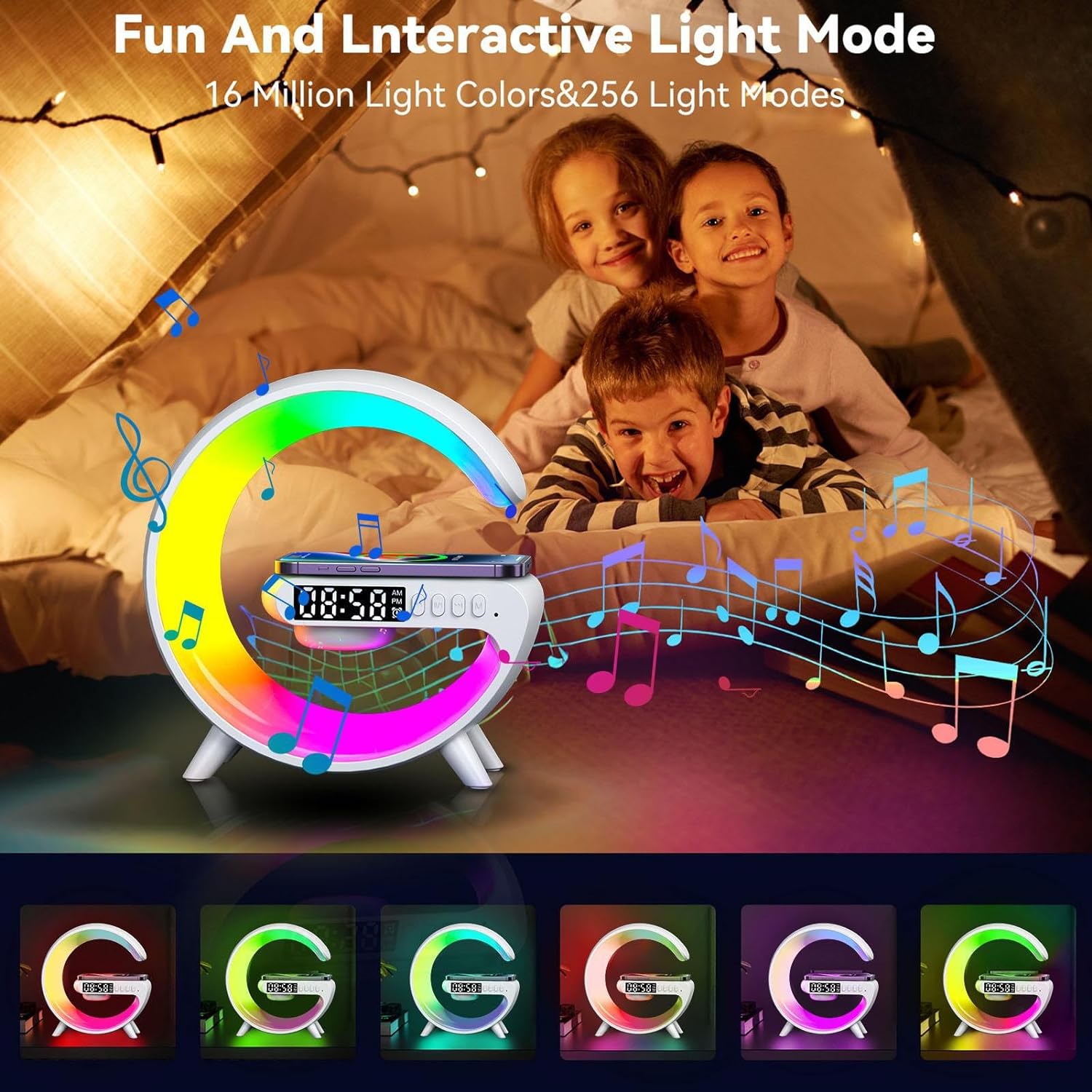 Smart Light Sound Machine with Wireless Charger, Music Rhythm Atmosphere Light, Bluetooth Speaker, Clock Alarm, Button and APP Control (White). 