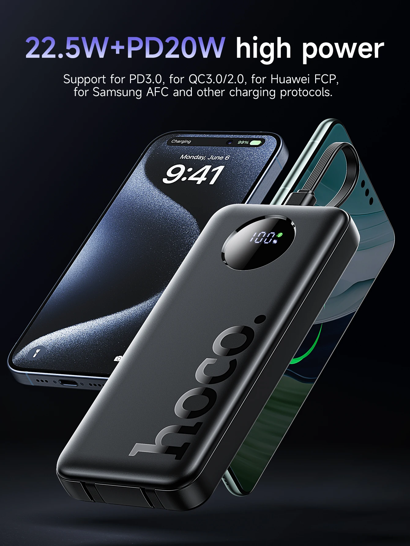 HOCO J132 22.5W+PD20W Fast Charging 10000mAh Power Bank with 3 Cables Portable Extra Battery with LED Digital Display. 