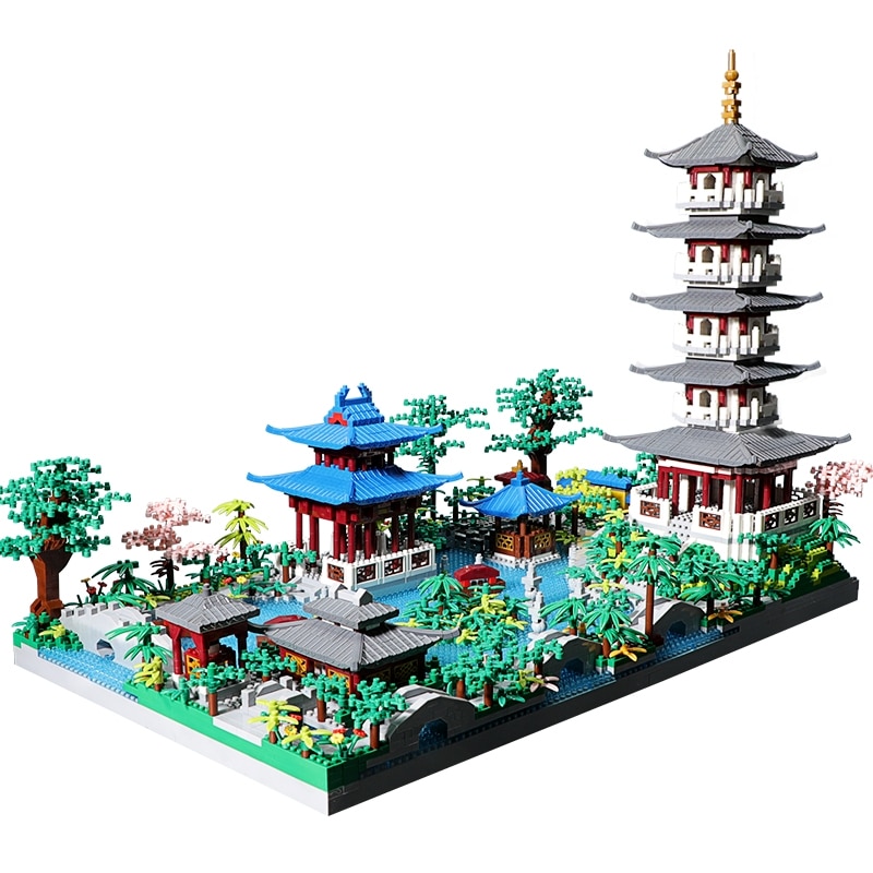 Chinese Architecture Micro Building Blocks Model Tower West Lake Trees DIY Diamond Bricks with Light Toys for Kids Adults Gift. 