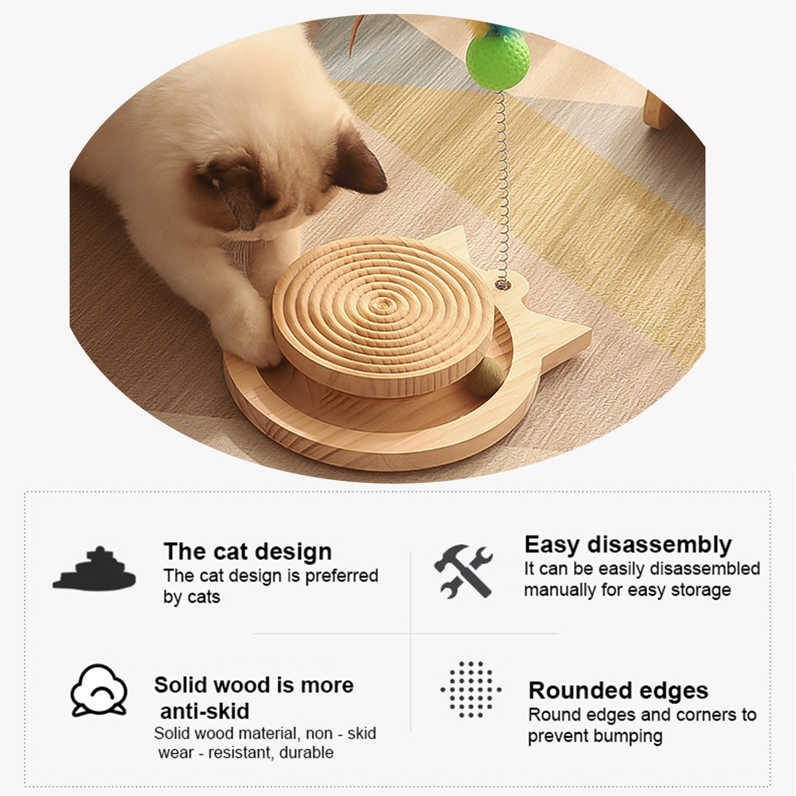 1 Set Pet Turntable Toy Smooth Edges Anti-scratch Wood Pet Kitten Beads Turntable Feather Toy Pet Accessories. 