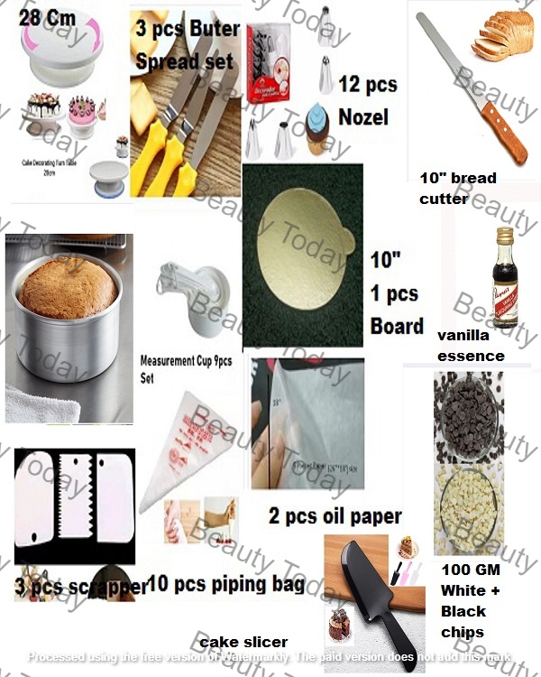 14CC Big Combo Turn table Deco Nozel set 3 Butter planer Measurement cup 9 pcs 3 scrapper set 10 pcs piping bag 7 Inches Alu round 10incehs 1 cake round board 2 pcs oil paper 10 Inches bread cutter vanilla essence white and black chips 100 gm cake slicer. 