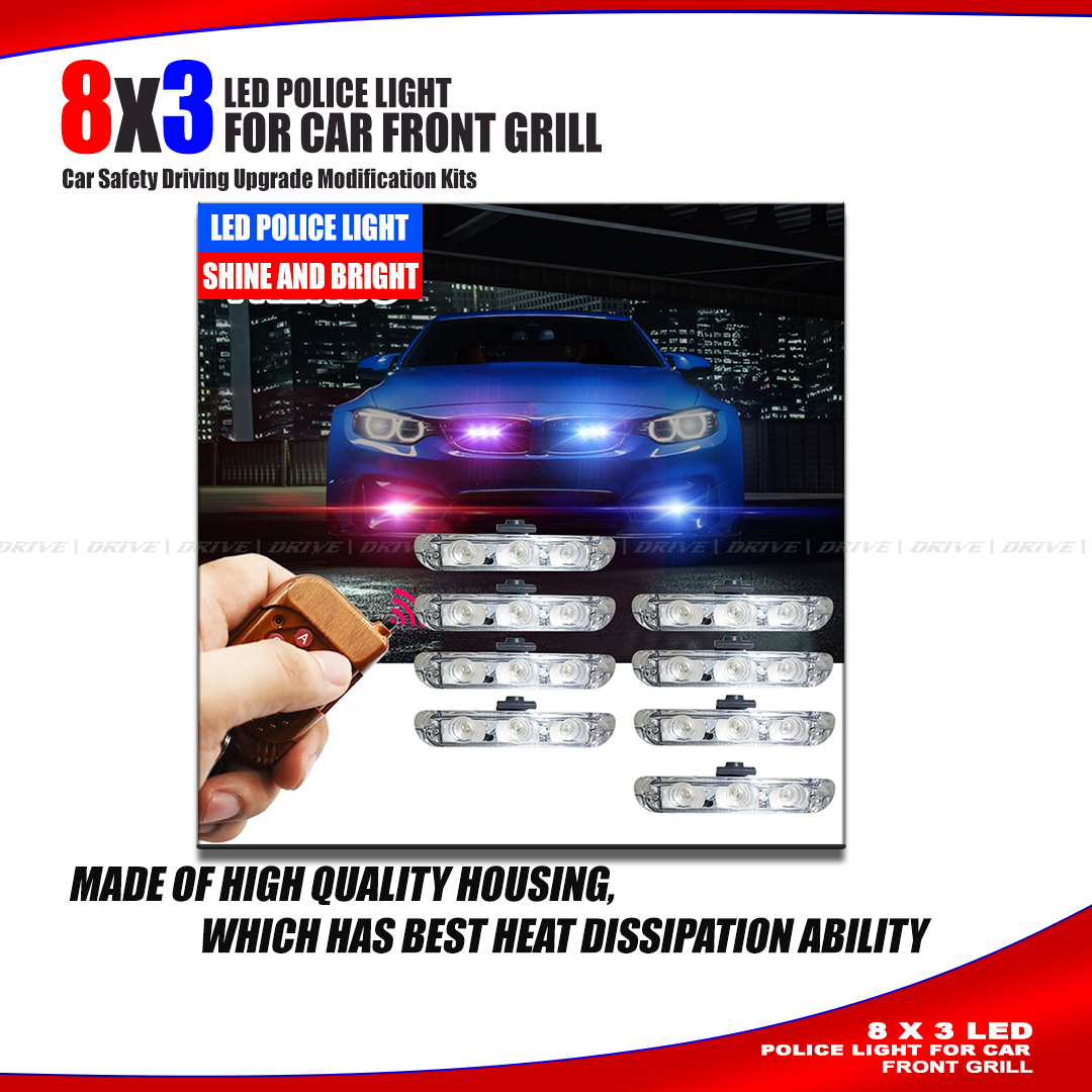 Remote Control LED Strobe Light 8 x 3 LED | Grill Car LED Light Strobe Red Blue  Remote Wireless Control Flash Signal. 