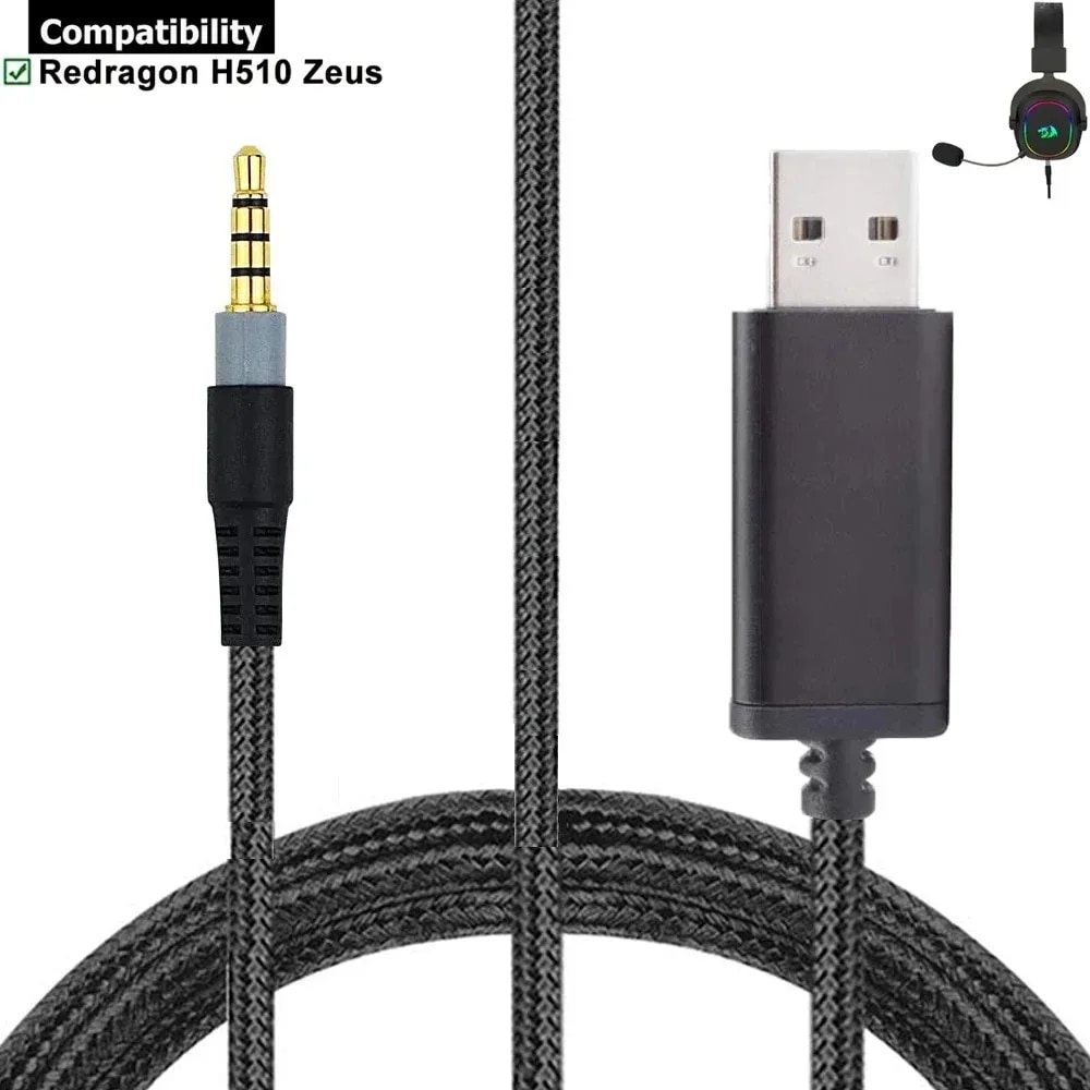 Nylon Braided OFC Replacement USB A 7.1 Surround Sound Cable Extension Cord For Redragon H510 Zeus Wired Gaming Headsets