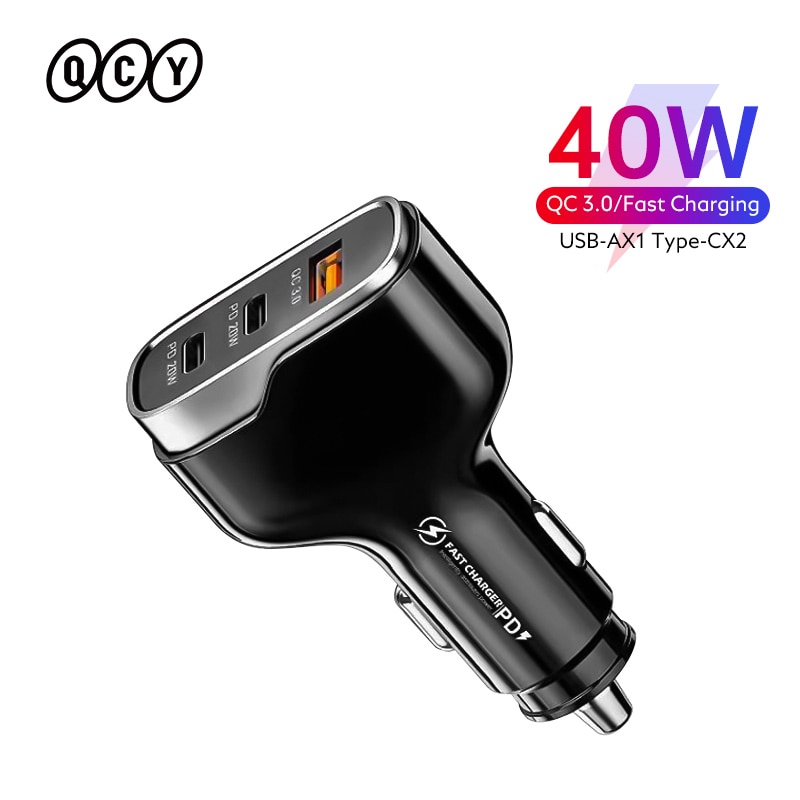 QCY 3 Port Car Charger 40W PD Fast Charger QC 3.0 USB Type C Car Charger For iphone 13 12 Xiaomi Huawei Samsung Quick Charger. 