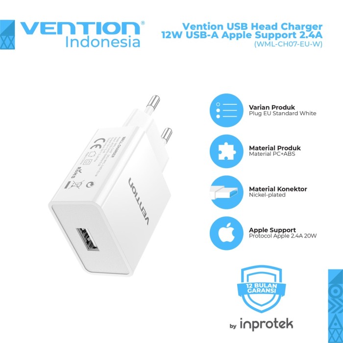 VENTION WML-CH07-EU-W 1-Port USB Wall Charger (12W) EU-Plug - White