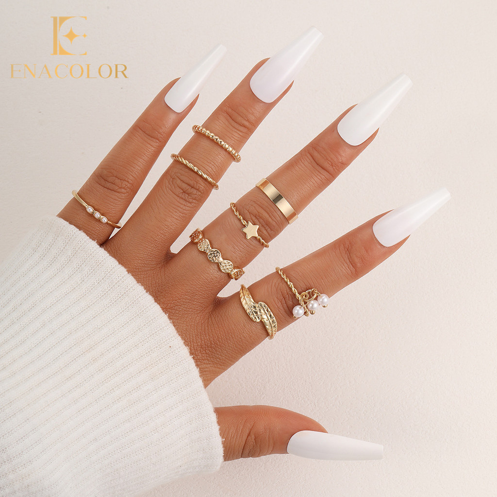 Enacolor 8Pcs/Set Elegant Gold Metal Vintage Leaf Pearl Open Rings Set