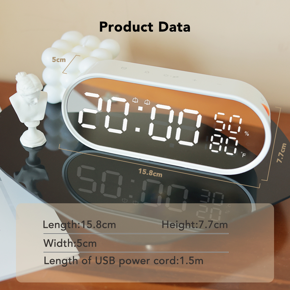 FanJu Mirror Digital Alarm Clock Table Snooze LED Display Time Temperatur Humidity Watch Night Light Desktop USB Home Decor. 
