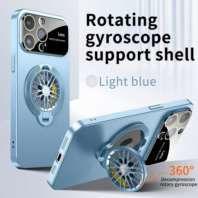 【Buried Buzie】Gyroscope Magnetic Stand Phone Case For iPhone 11 12 13 14 15 Pro Max Plus Lens Protection Frosted PC Rotatable Gyro Cover Funda. 