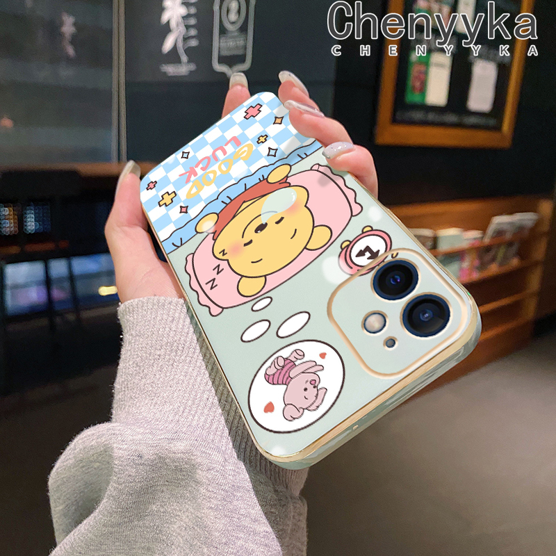 Chenyyka For vivo v23 4G V23 5G S12 5G Case Cartoon Winnie the Pooh New Design Plating Phone Case Square Edge Pattern Shockproof Soft Shell Full Cover Camera Lens Protection Case. 
