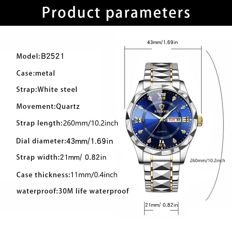 BINBOND Men Watch Stainless Steel Top Quailty Luxury Push Button Hidden Clasp Waterproof Luminous Date Week Sport Wrist Watches. 