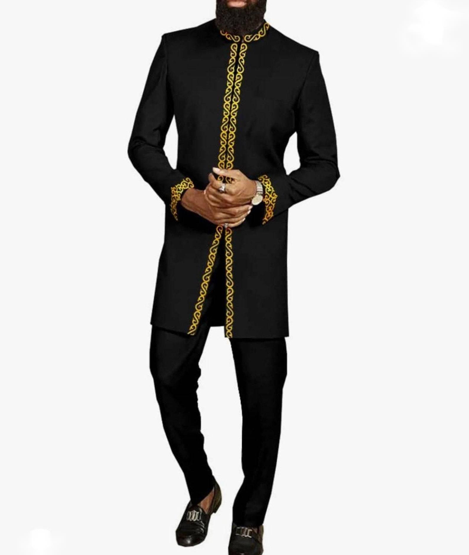 Afrika erkek giyim moda işlemeli üst ve pantolon 2 parça Set zarif klasik ince parti topu rahat güzel takım elbise. 
