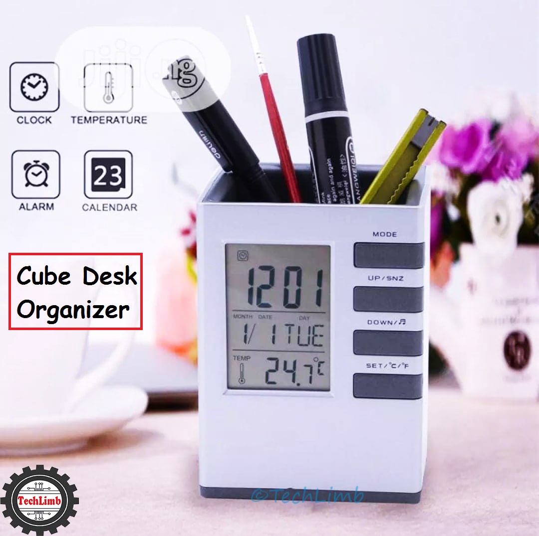 CUBE Desk Pen Stand with Digital Clock, Temperature, Alarm & Calendar - Multifunctional Pen Holder for Office & Home Desk - TechLimb. 