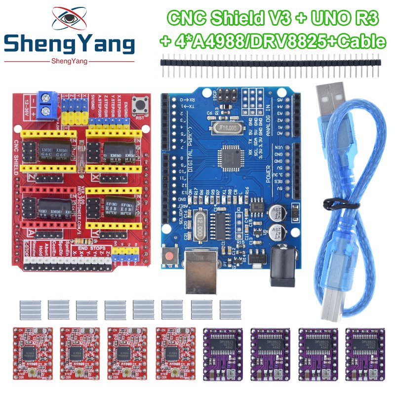 Tzt Cnc Shield V3 Engraving Machine 3d Printe 4pcs Drv8825 Or A4988 Driver Expansion Board For Arduino Uno R3 With Usb Cable