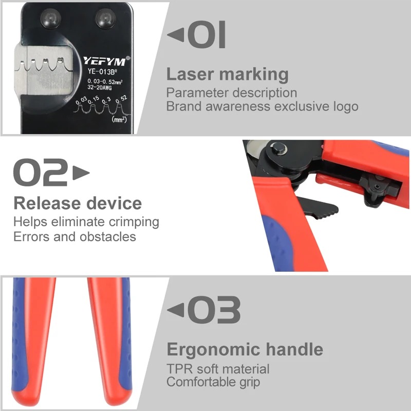 JST DuPont Terminals XH2.54/PH2.0/ZH1.5/SH1.0/ DuPont 2.0/2510 Pliers YE-013BR Mini Crimping Tools 0.03-0.52mm²/32-20AWG. 