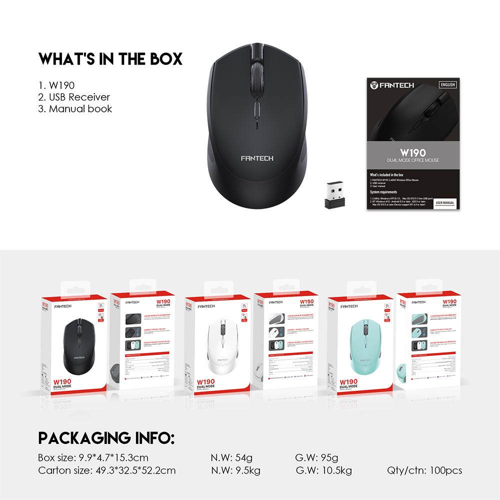 FANTECH W190 DUAL MODE 2.4Ghz and Bluetooth Wireless Mouse Up to 200 Hours Of Battery Mini Mute Silent Office Mouse Mice. 