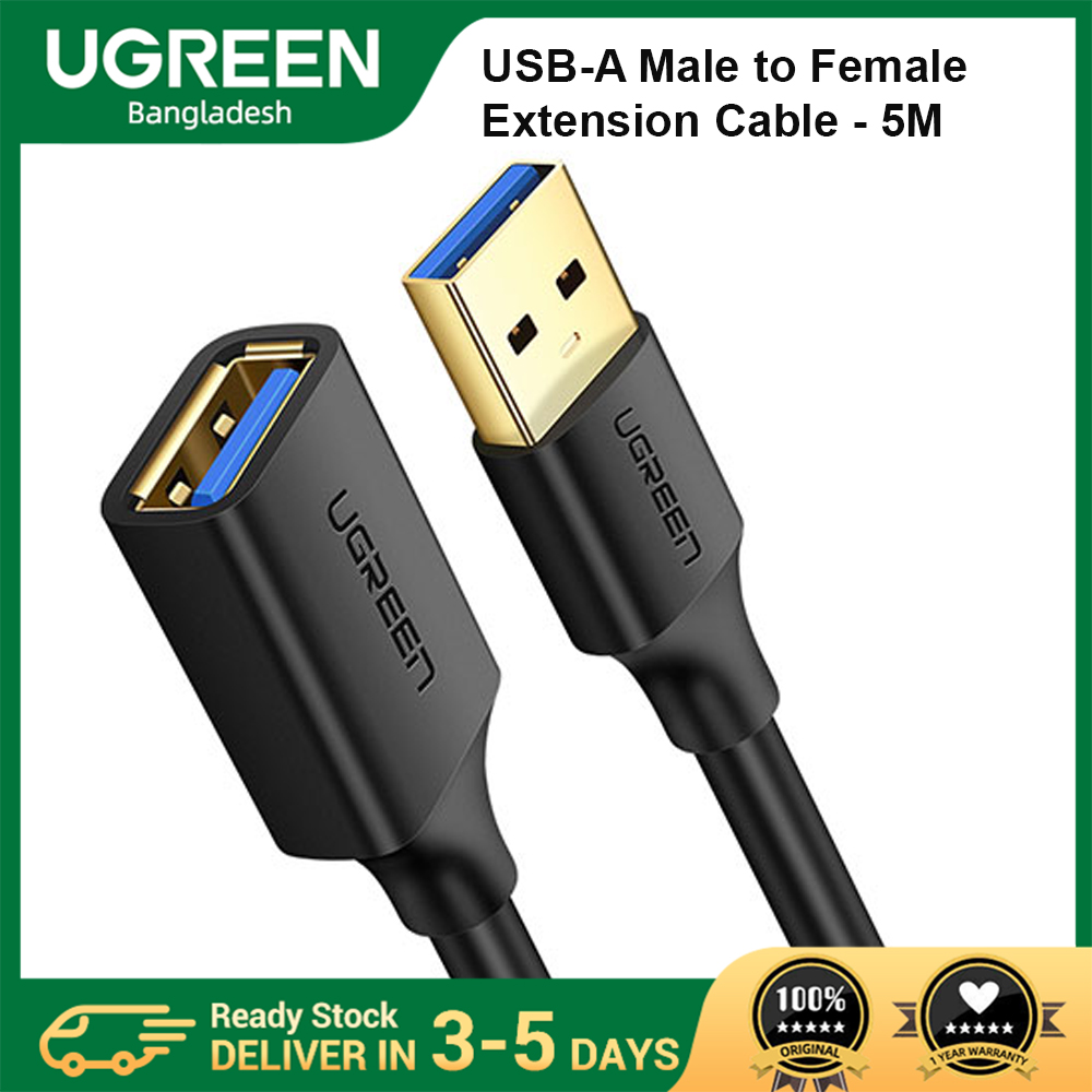 UGREEN 90722 USB 3.0  Extension Male Cable 5m  (Black) #US129 - USB 3.0 Extension Cable - Easy-reach extension cable -  5Gbps data transfer - Environmentally friendly - Universal Compatibility, no drivers required on any OS and Windows system