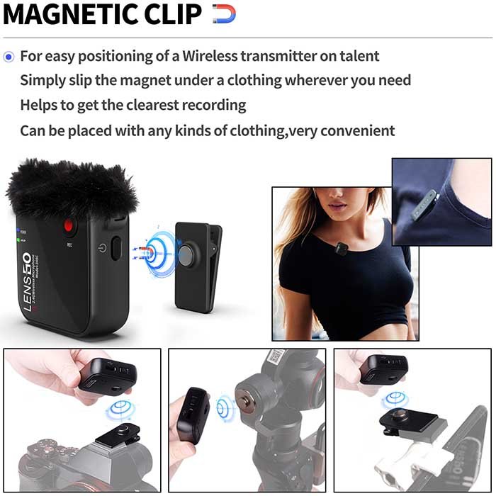 Lensgo348c Compact Digital Wireless Lapel Microphone System/Recorder With Extra Recording Button With Built in Magnet Clip (2.4 GHz, Black) Camera & SmartPhone. 