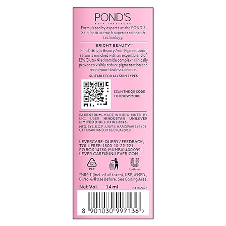 POND'S Bright Beauty Corrects Dark Spot & Pigmentation Serum for Flawless Radiance, 12% Gluta-Niacinamide Complex Face Serum - 28ml. 