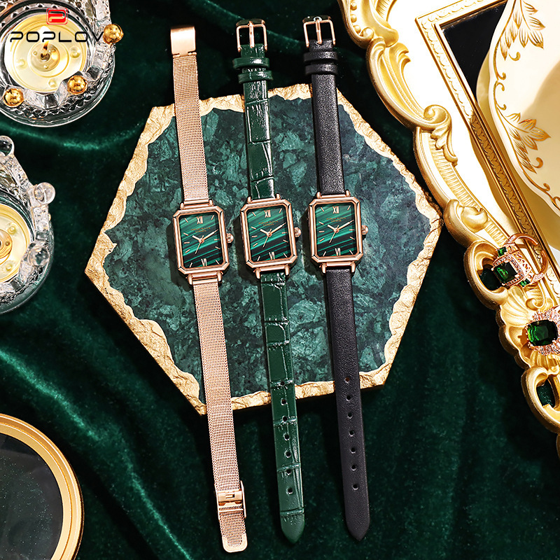 Ins style retro temperament square student watch POPLOV peacock green ladies quartz watch trend small green watch. 