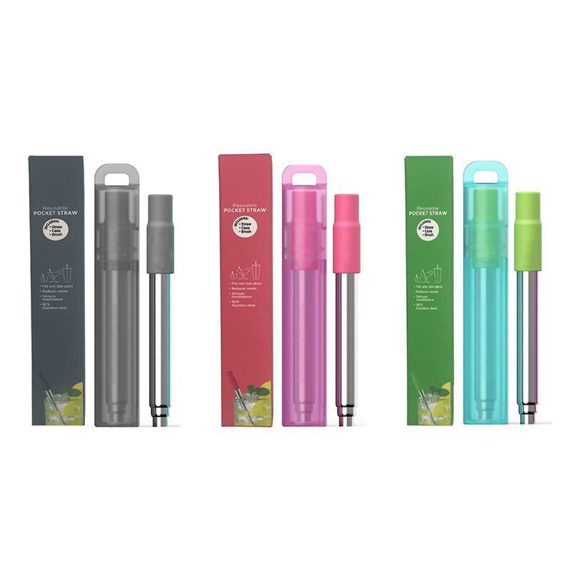 Telescopic Reusable Drinking Straws Stainless Steel Metal Straws Folding Straw Set with Case Cleaning Brush Camping Travel Straw. 