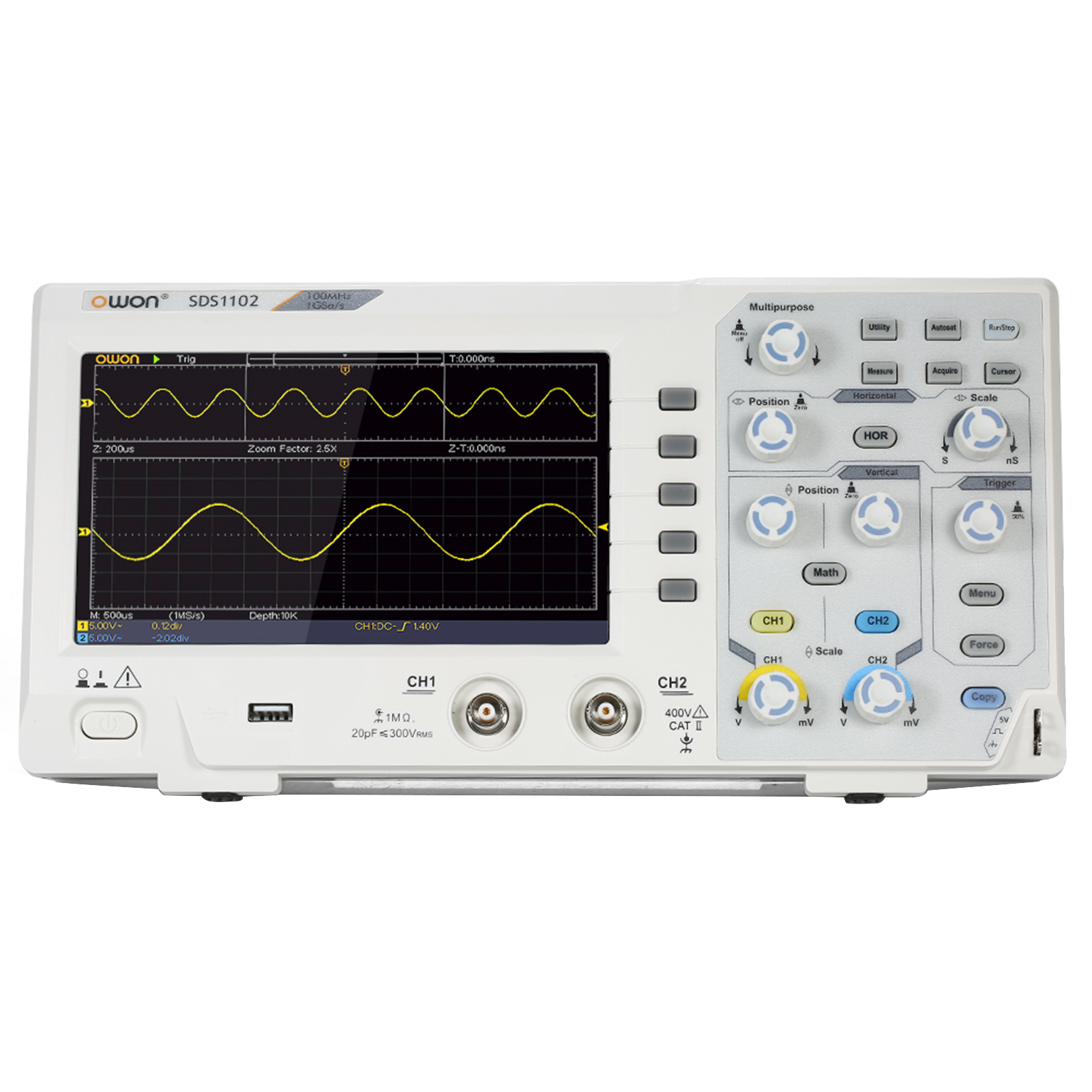 KOGEEK Owon SDS1102 Oscilloscope Oscillometer Digital Storage Oscilloscope 2CH 100MHz 1GS/s 7-inch LCD Display