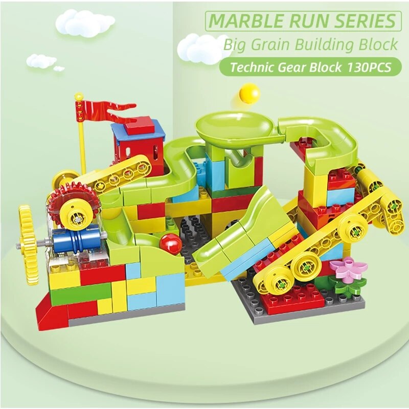 Marble Race Run Maze Balls Track Gear Wheel Blocks Funnel Slide Block compatible with Double Size-130pcs. 
