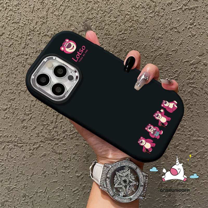 Disney Strawberry Bear Graffiti Case Compatible for IPhone 11 15 14 13 12 Pro Max 7Plus XR X XS Max 7 8 Plus SE 2020 Simple Plating Metal Lens Soft Cover