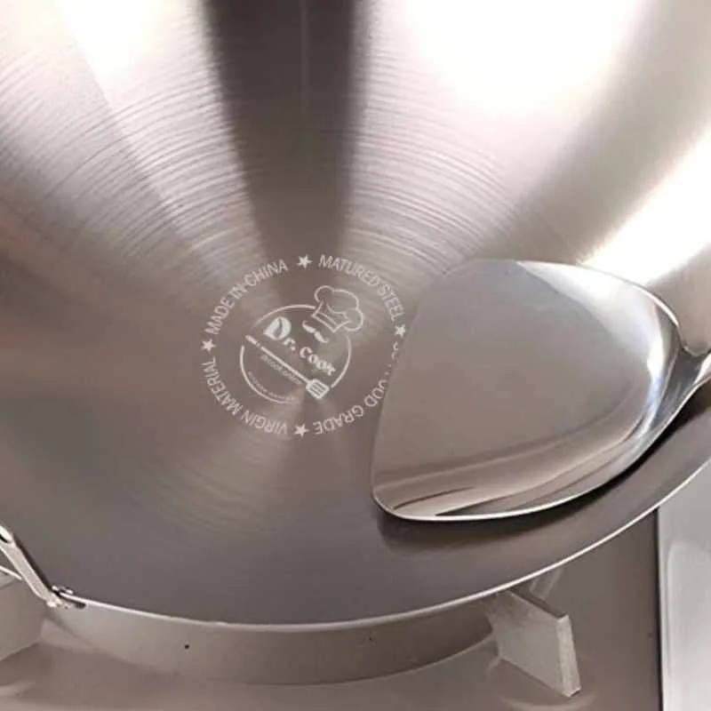 Dr cook pan ss steel wooden handle cooking pan Round Bottom Carbon Steel Wok Pan, Brushed Polished,Beech Anti-Scald Handle,Kitchen Cookware for Gas Stoves. 