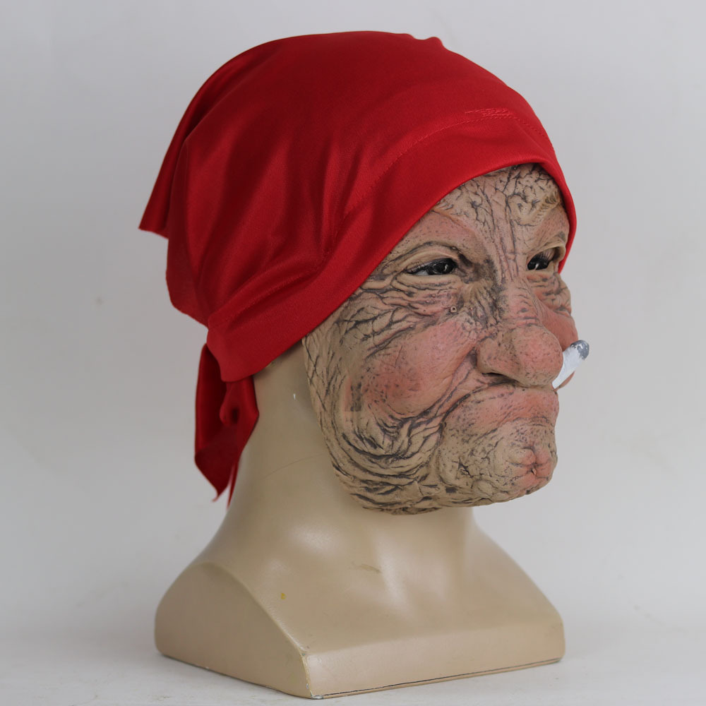2024 Funny Smoking Granny Old Nana Latex Mask Lady Grandma With Wrinkled Face and Red Scarf Masks Halloween Party Costume Props. 