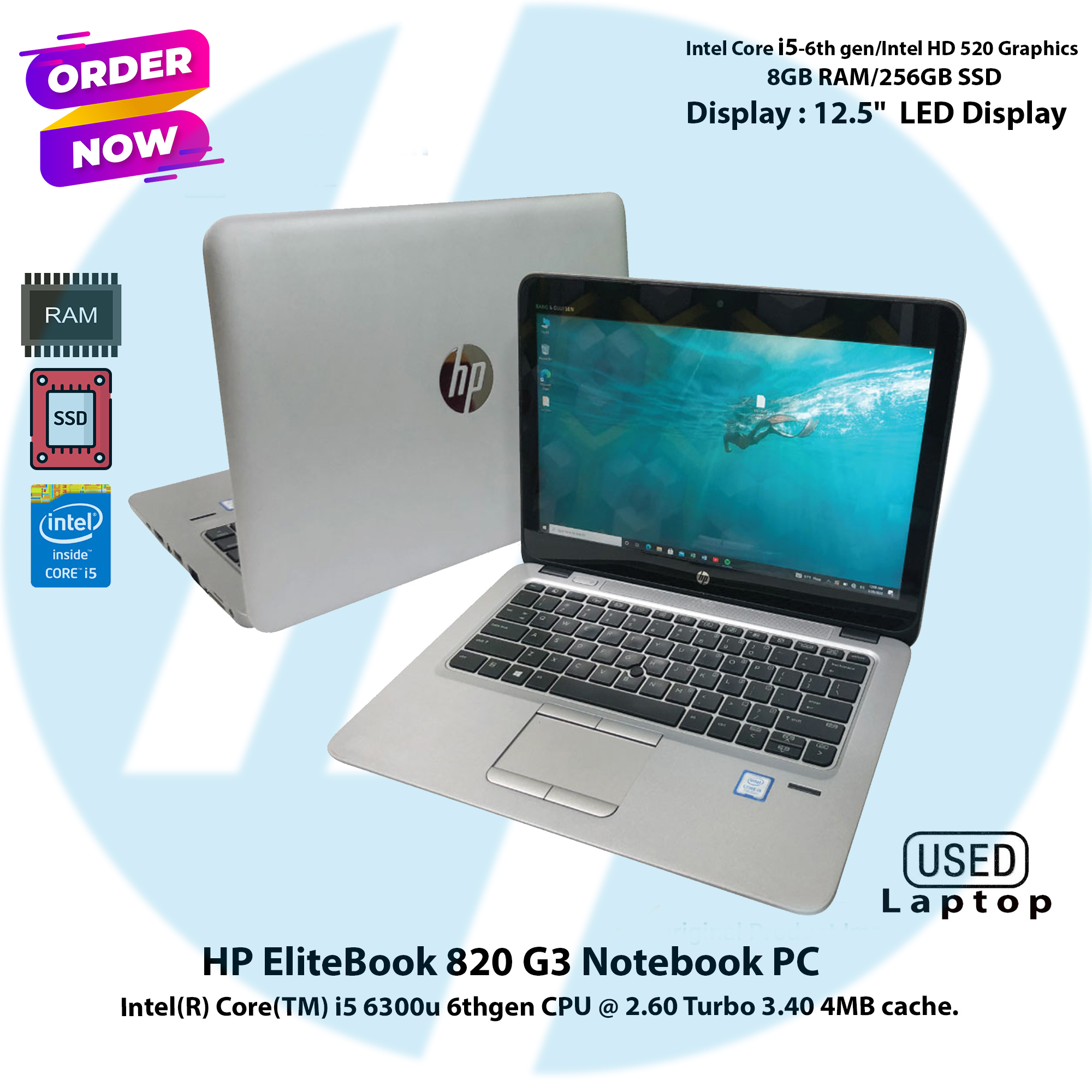 HP EliteBook 820 G3 Intel Core i5 6th Gen,8GB RAM,256GB SSD,12.5"Display Notebook Pc. 