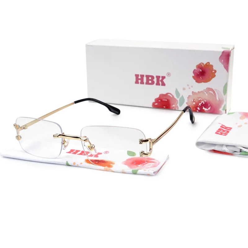 HBK Retro Rimless Sunglasses For Women Men Small Square Gold Frame Brand Design Tea Shades Rectangle UV400 Zonnebril Eyewear