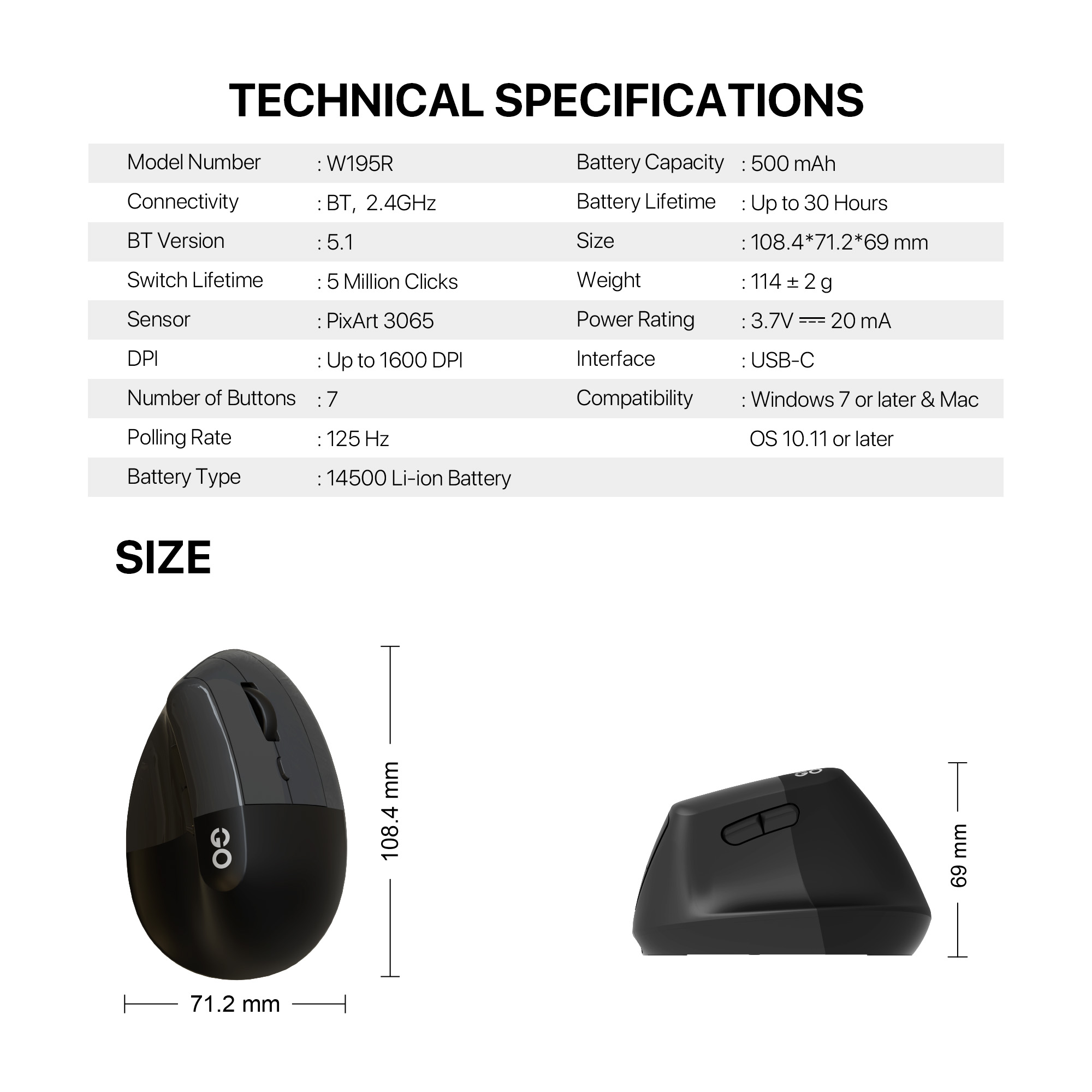 FANTECH W195R GO Comfy Mouse Vertical Ergonomic Design Wireless & Bluetooth Connection Compact Wireless Mouse. 