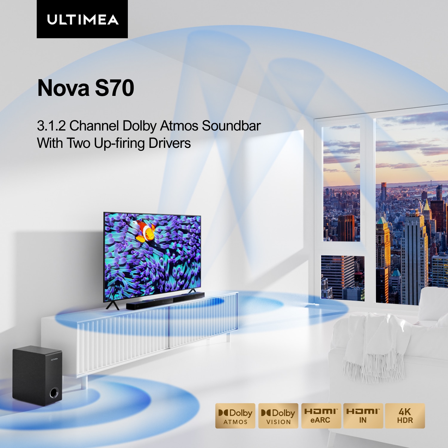 ULTIMEA Nova S70 3.1.2ch Dolby Atmos Sound Bar for TV, 2 Up-Firing Drivers, 4K Dolby Vision HDR Pass-Through, HDMI IN/eARC, 390W. 
