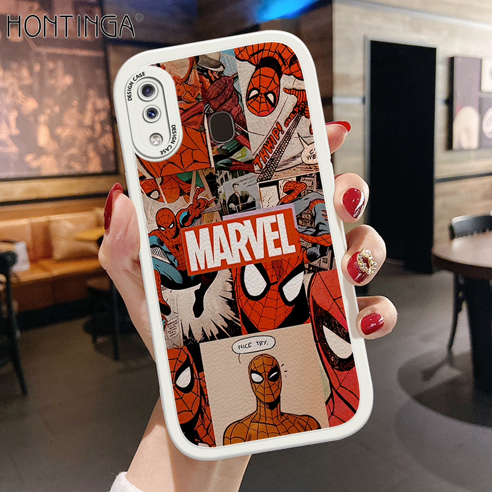 Hontinga for Samsung Galaxy A30 A20 Back Cover PU Leather Spider-Man Phone Case Soft Silicone Edge Mobile Cover
