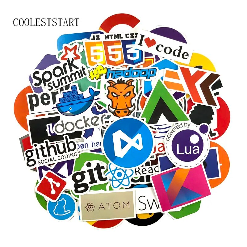 73Pcs/Lot Geek Docker Stickers Hacker CSS Programming Java Cool Stickers For Luggage Fridge Laptop Guitar Waterproof Stickers