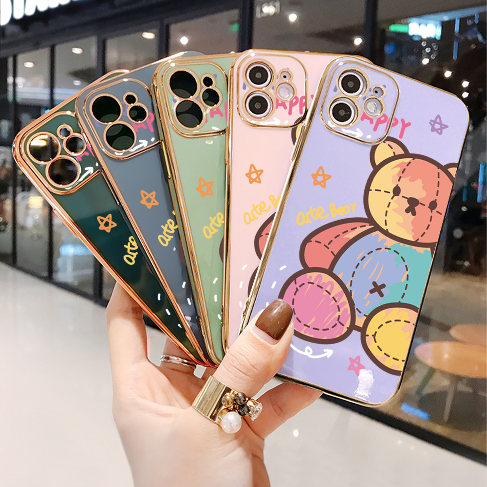 Luxury 6D Plating Case for iPhone 8 Color Cartoon Doll Bear Side Pattern Back Cover Soft Silicone Square Frame Shiny Bling Phone Cases + Free Lanyard. 