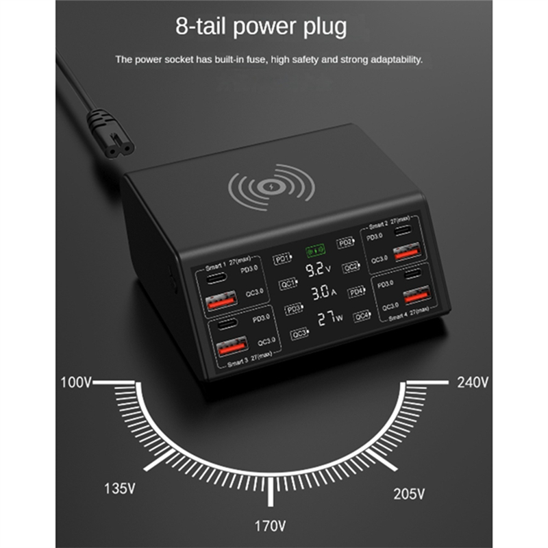 Multi-Port Cell Phone Charger Power Compatible Led Intelligent Digital Display Screen 4-Way Charger Black ,with US Plug. 
