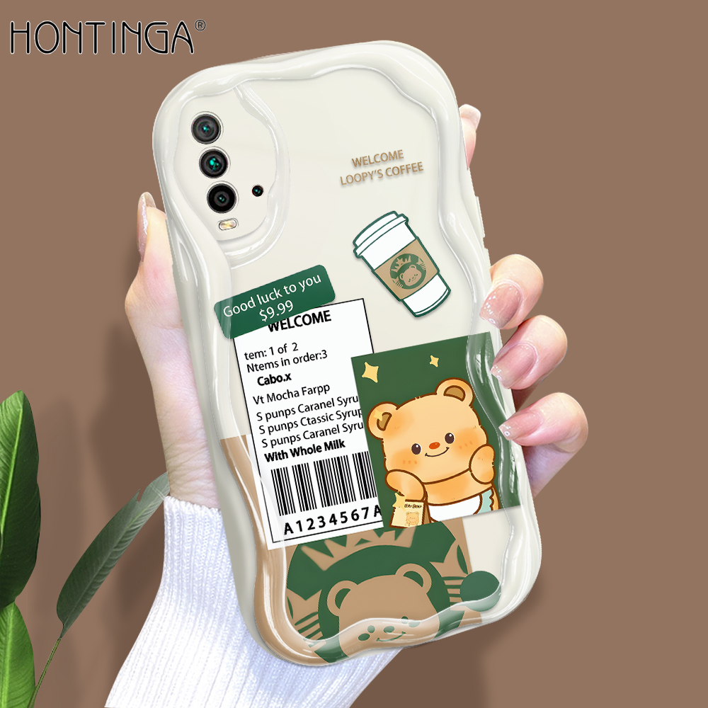Hontinga for Redmi 9T Back Cover Cute Bear Coffee Cream Texture Phone Case Wavy Edge Soft Silicone Cover