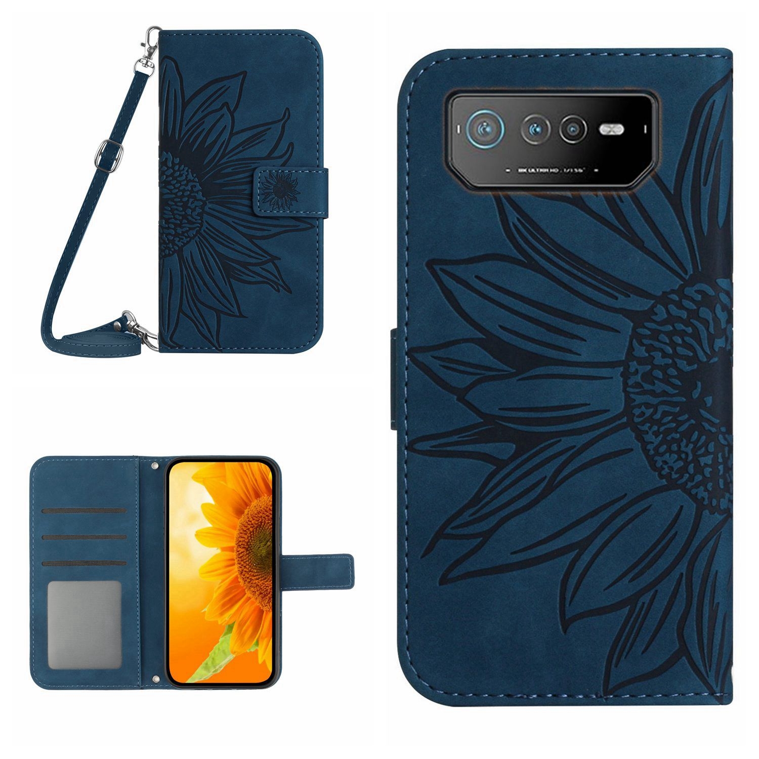 (New)For Asus ROG Phone 6 Skin Feel Sun Flower Pattern Flip Leather Phone Case with Lanyard